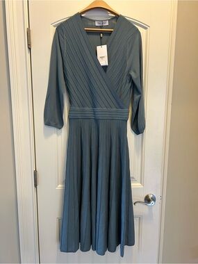NWT The Fold London Belluno Dress Blue US 6 UK 10 Knit Midi Wrap
